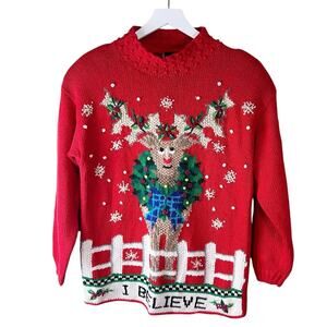Vintage Christmas Sweater Reindeer I Believe ugly Sz S‎